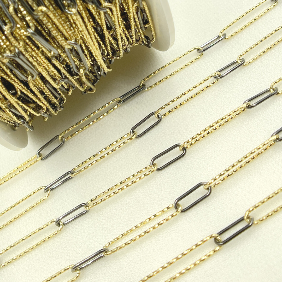 Gold Plated & Black Rhodium 925 Sterling Silver Diamond Cut & Smooth Paperclip Chain. V3GB1