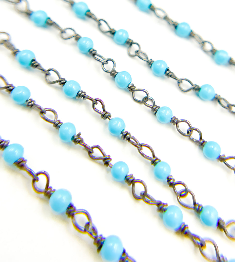 Turquoise Wire Wrap Chain made with Black Rhodium 925 Sterling Silver. TRQ10