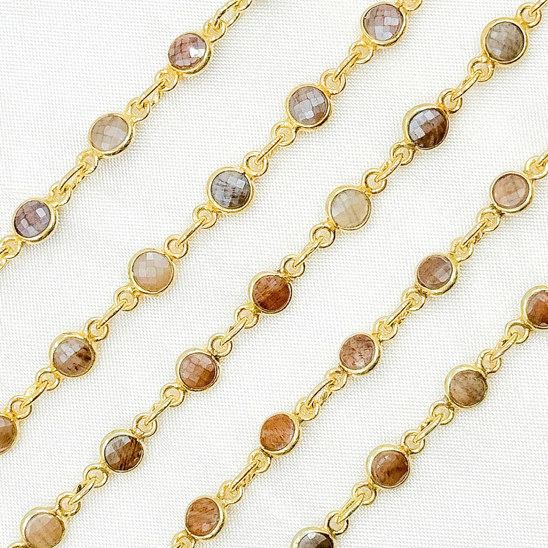 Coated Chocolate Moonstone Round Shape Bezel Gold Plated Wire Chain.