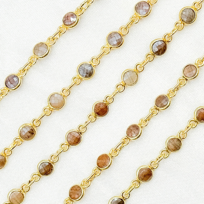 Coated Chocolate Moonstone Round Shape Bezel Gold Plated Wire Chain.