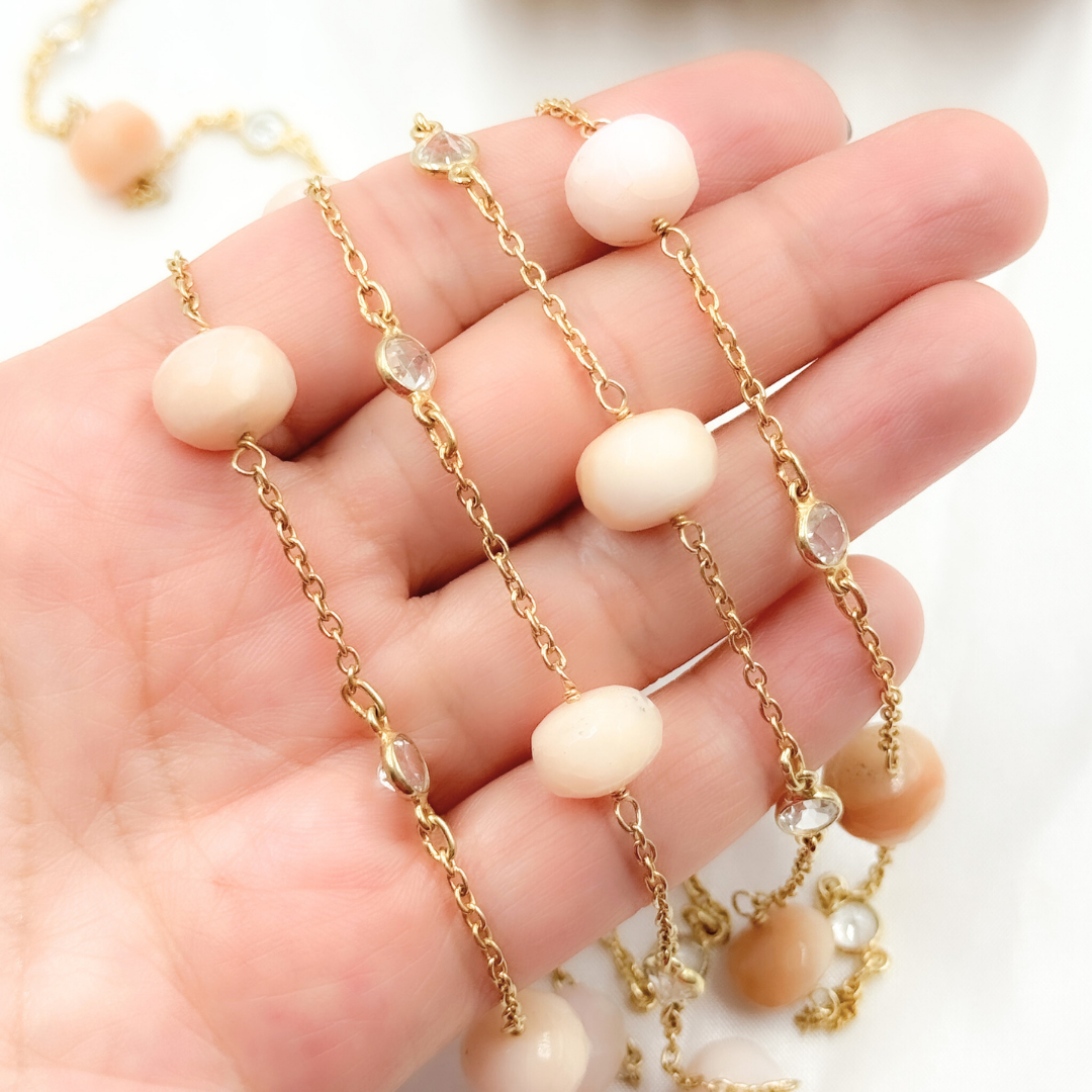 Pink Opal Rondel Shape & White Topaz Gold Plated Connected Wire Chain