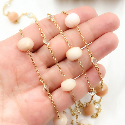Pink Opal Rondel Shape & White Topaz Gold Plated Connected Wire Chain