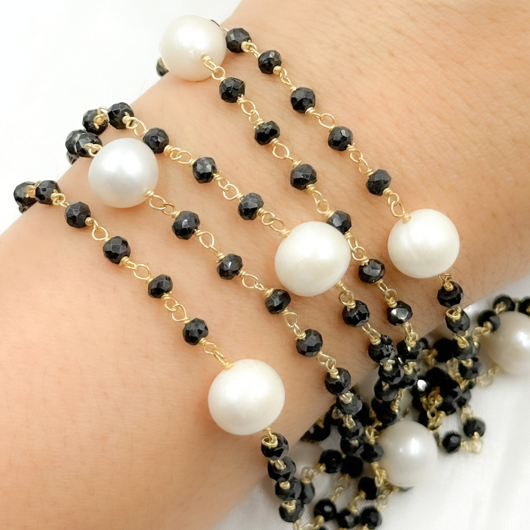 Black Spinel & Pearl Gold Plated 925 Sterling Silver Wire Chain