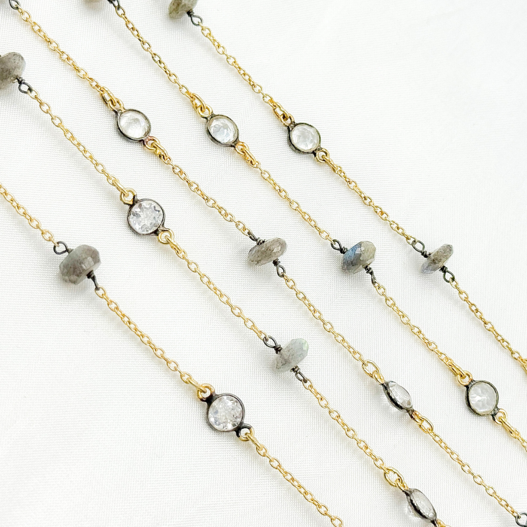 Labradorite & White Topaz Gold Plated Connected Wire Chain. LAB49