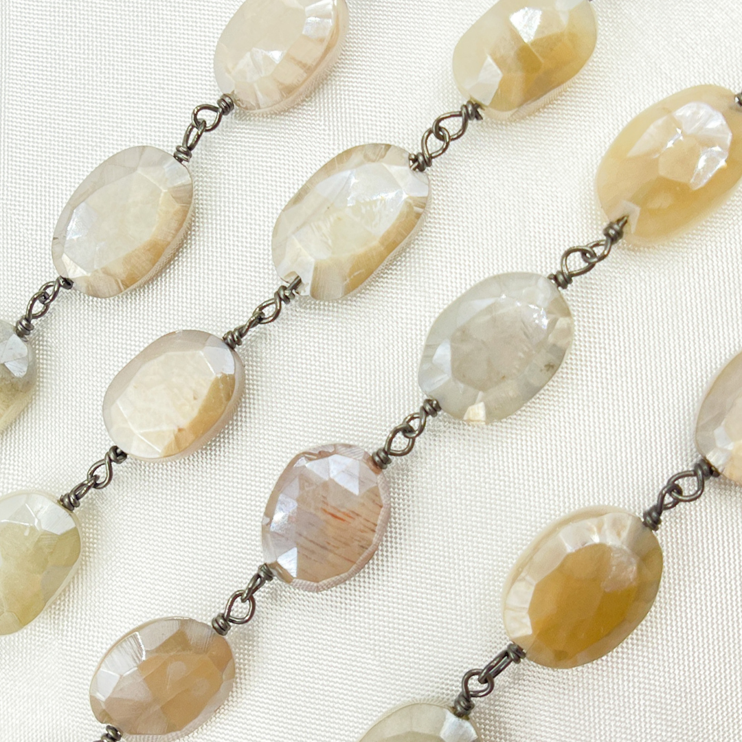 Coated Oval Moonstone Oxidized Wire Chain.