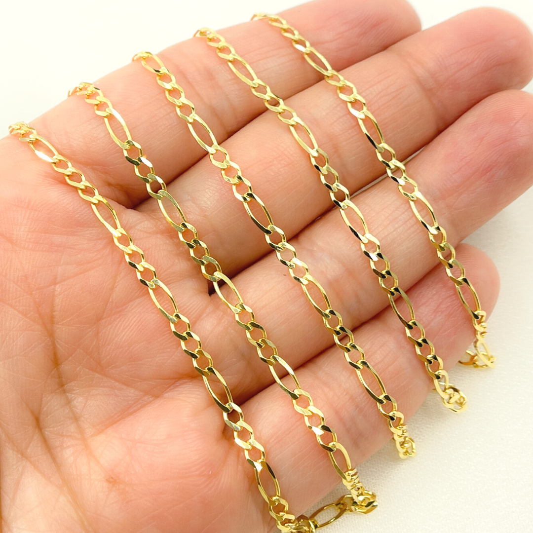 14K Solid Yellow Gold Flat Figaro Chain by Foot