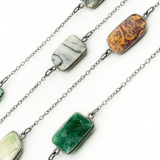 Multi Agate Rectangular Shape Bezel Oxidized Wire Chain