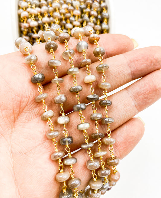 Golden Moonstone Wire Wrap Chain made with 18K Gold Plate 925 Sterling Silver