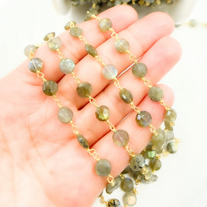 Labradorite Coin Shape Gold Plated Wire Chain