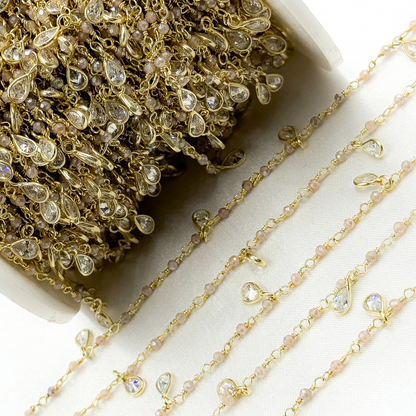 Coated Peach Moonstone & CZ Dangle Gold Plated Wire Chain
