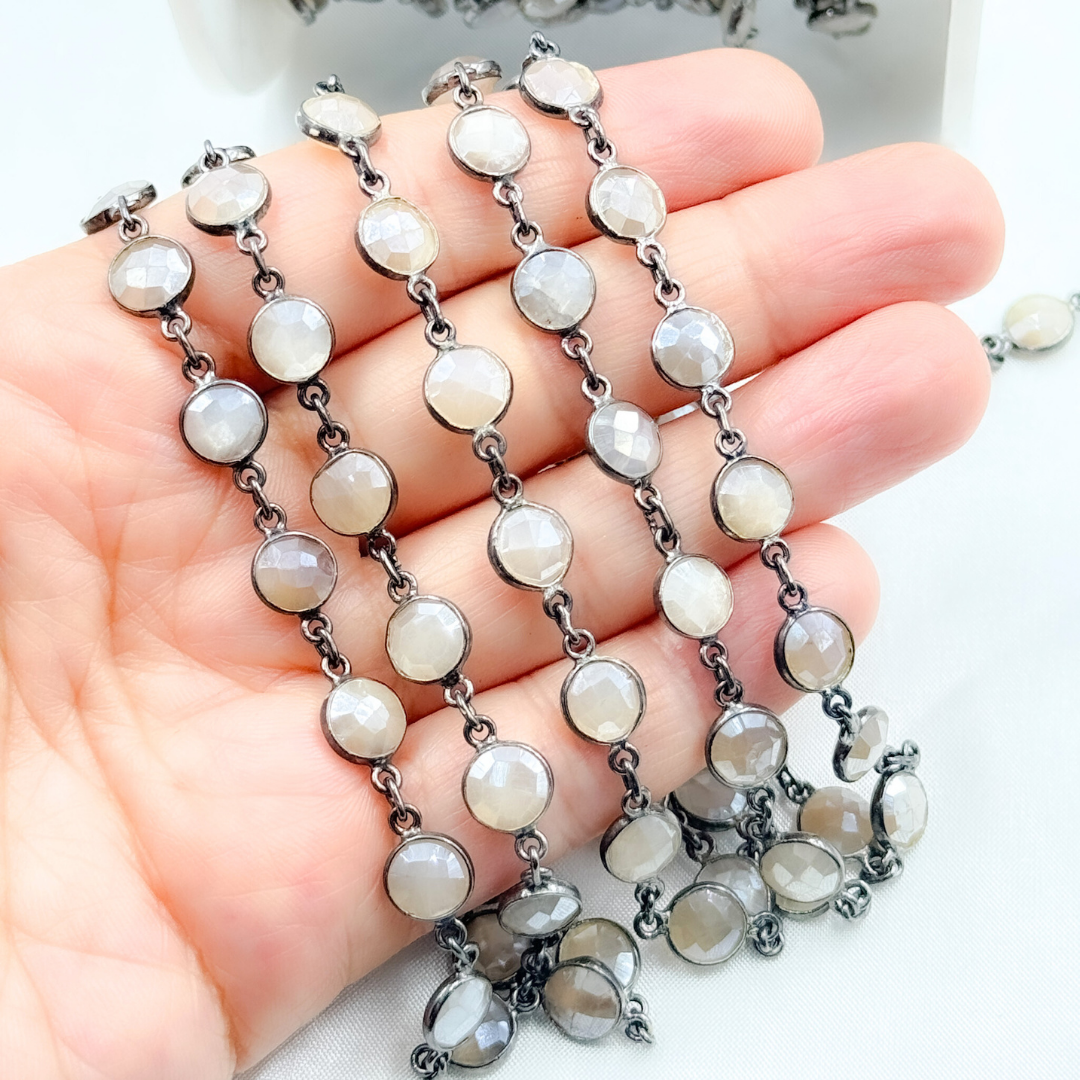 Coated White Moonstone Round Shape Bezel Oxidized Wire Chain.