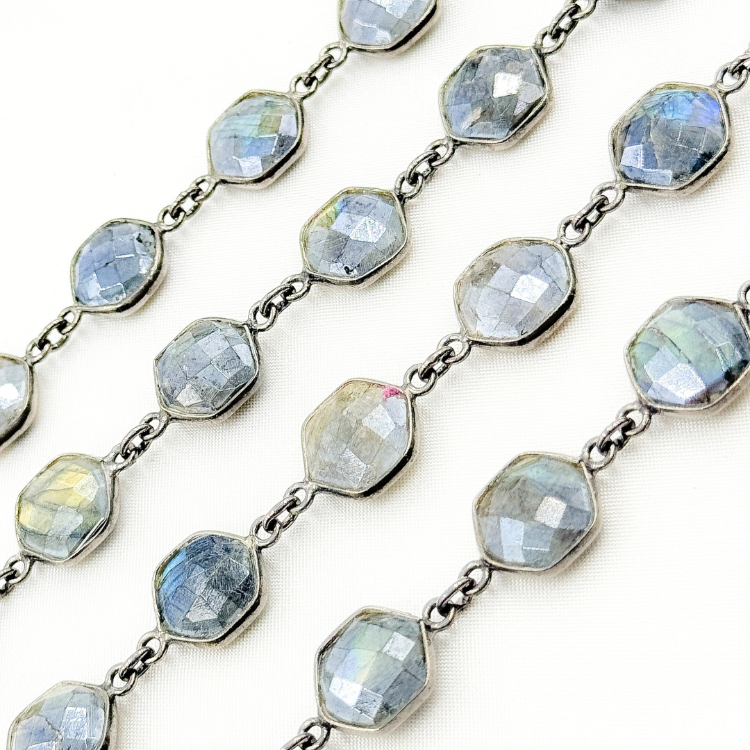 Coated Labradorite Hexagon Shape Bezel Oxidized Wire Chain