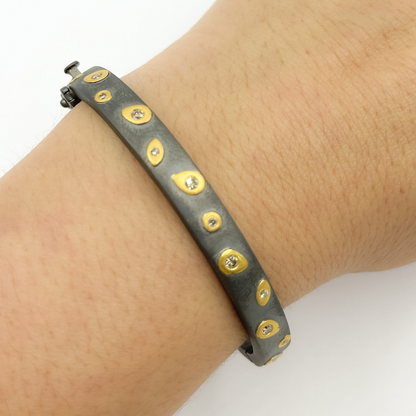 Black Rhodium Sterling Silver With Gold Pave Diamond Bangle