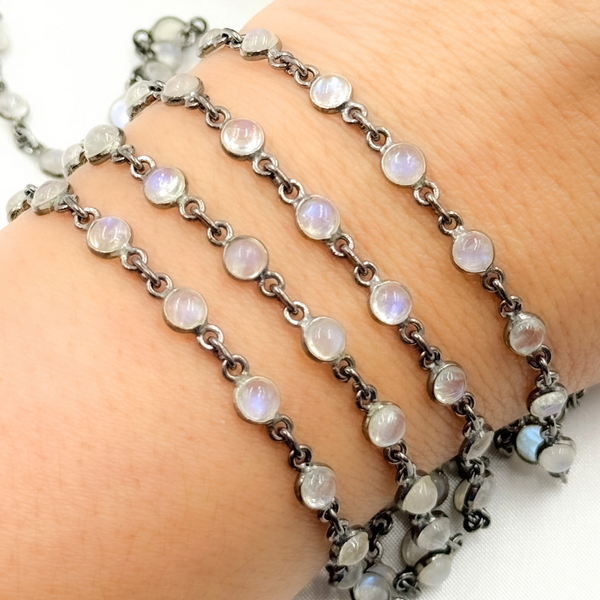 White Moonstone Round Shape Bezel Oxidized Wire Chain