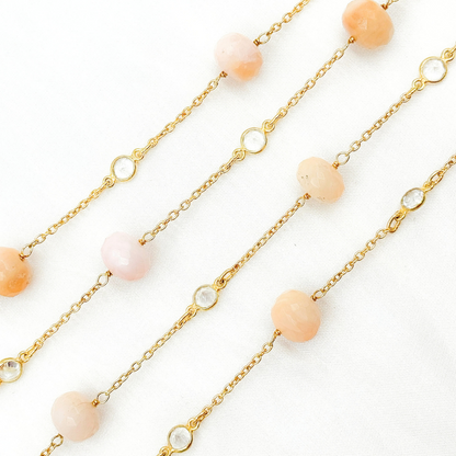 Pink Opal Rondel Shape & White Topaz Gold Plated Connected Wire Chain.