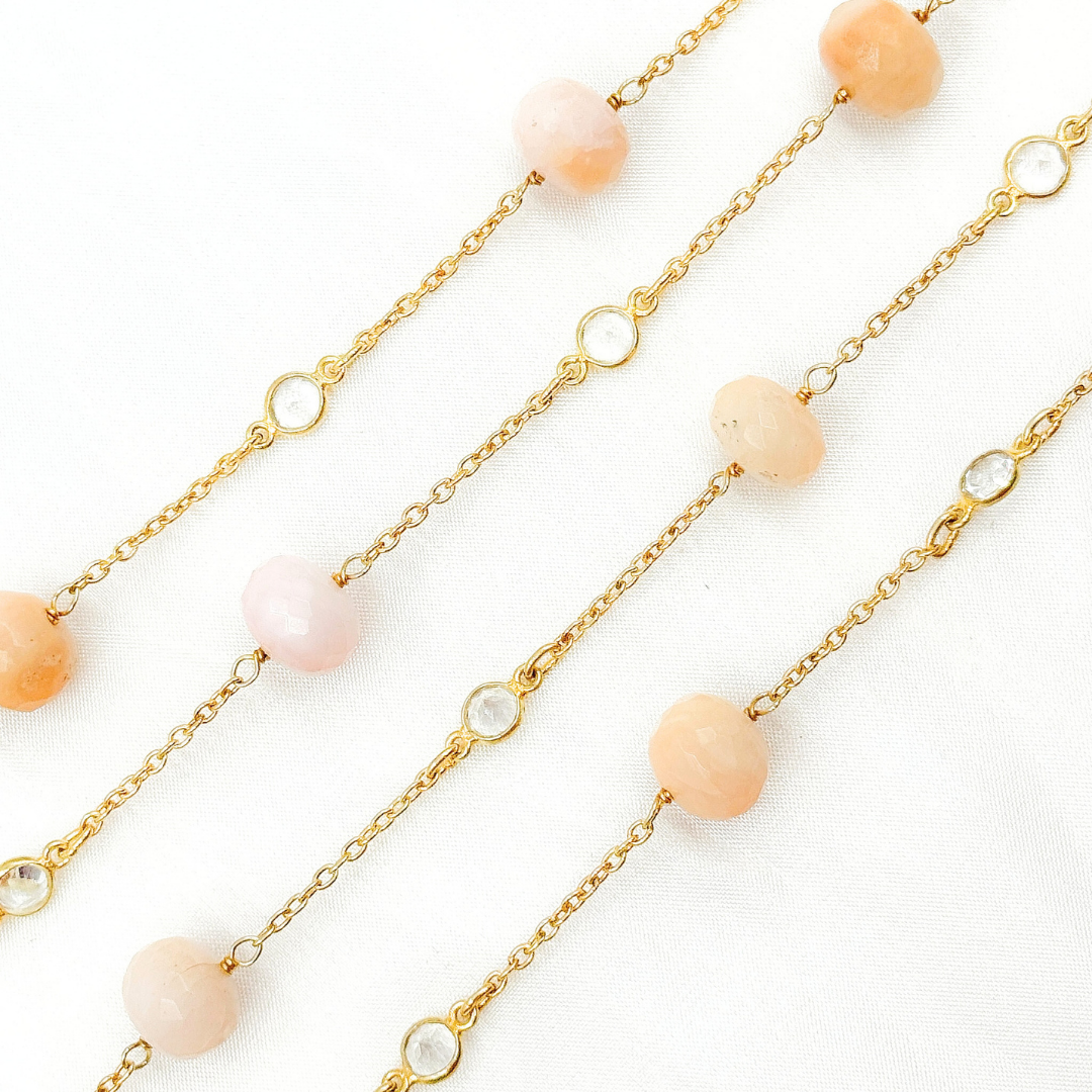 Pink Opal Rondel Shape & White Topaz Gold Plated Connected Wire Chain. POP14