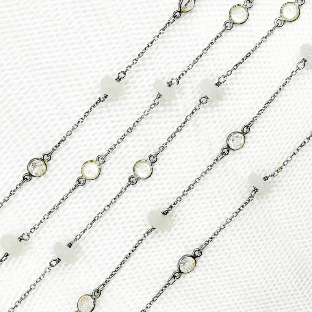 Moonstone Rondel Shape & White Topaz Oxidized Connected Wire Chain.