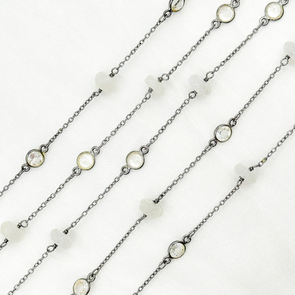 Moonstone Rondel Shape & White Topaz Oxidized Connected Wire Chain.