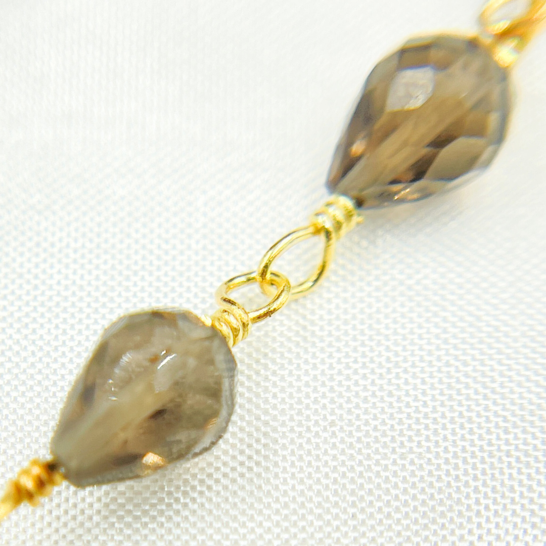 Smoky Quartz Tear Drop Shape Gold Plated Wire Chain.