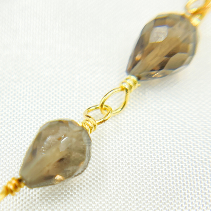Smoky Quartz Tear Drop Shape Gold Plated Wire Chain.