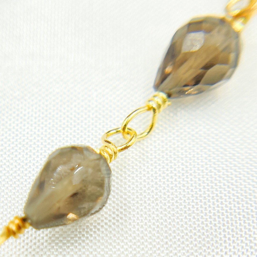 Smoky Quartz Tear Drop Shape Gold Plated Wire Chain. SMQ12