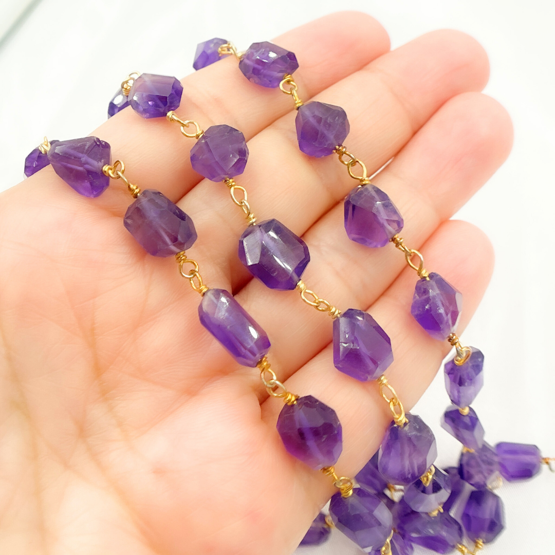Amethyst Organic Shape Gold Plated Wire Chain