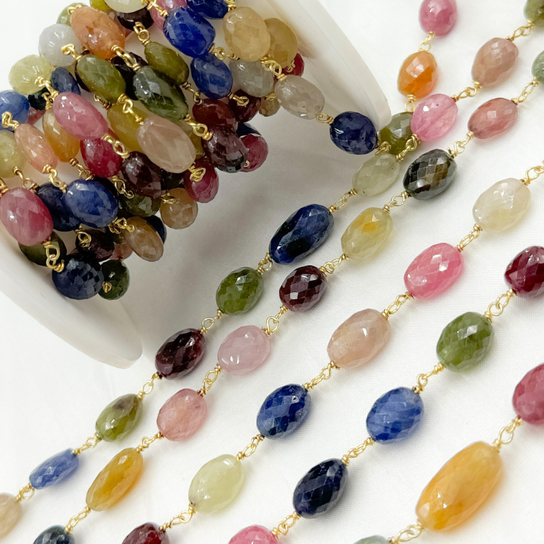 Multi Sapphire Rondel Faceted Gold Plated 925 Sterling Silver Wire Chain.