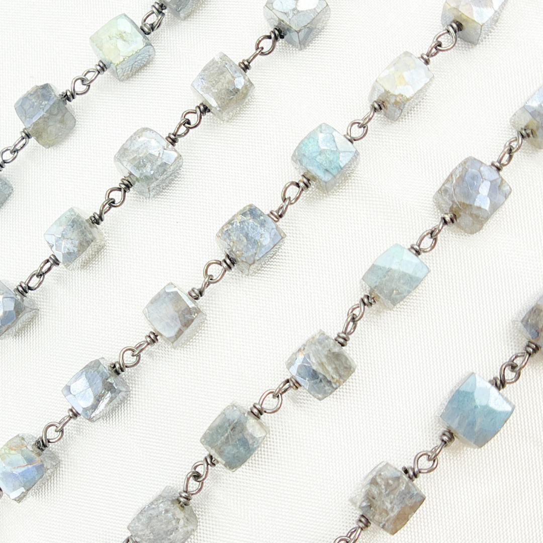 Coated Labradorite Cube Shape Oxidized Wire Chain