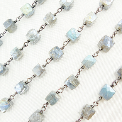 Coated Labradorite Cube Shape Oxidized Wire Chain