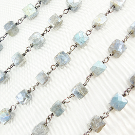 Coated Labradorite Cube Shape Oxidized Wire Chain