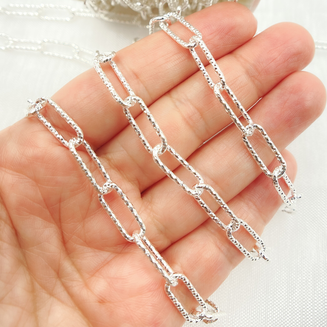 925 Sterling Silver Paperclip Diamond Cut Link Chain. 