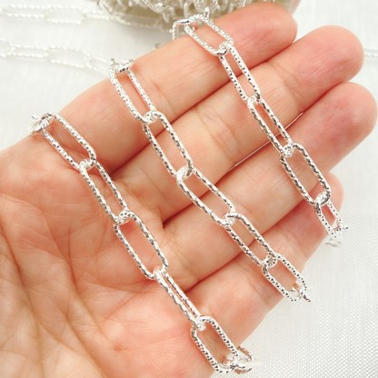 925 Sterling Silver Paperclip Diamond Cut Link Chain. 