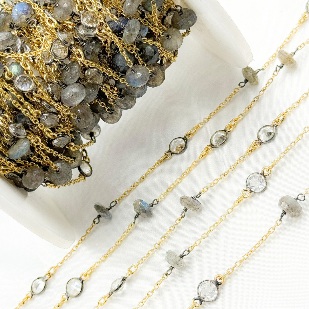 Labradorite & White Topaz Gold Plated Connected Wire Chain. LAB49