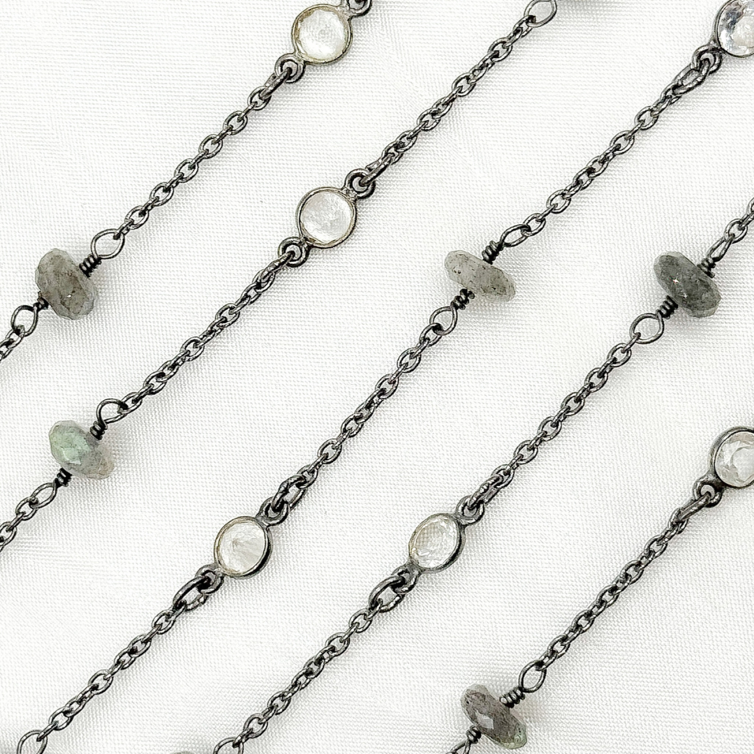 Labradorite & White Topaz Oxidized Connected Wire Chain.