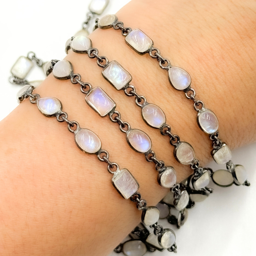 White Moonstone Mix Shape Bezel Oxidized Wire Chain