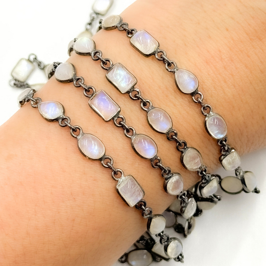 White Moonstone Mix Shape Bezel Oxidized Wire Chain