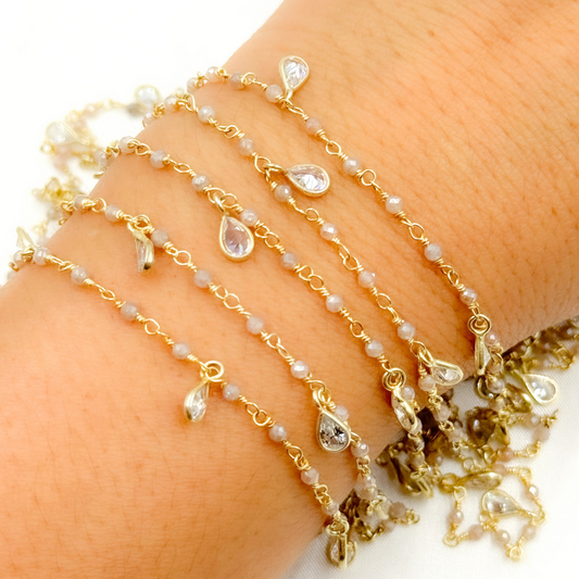 Coated Peach Moonstone & CZ Dangle Gold Plated Wire Chain