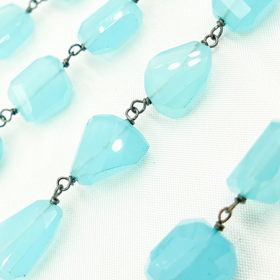 Blue Chalcedony Organic Shape Oxidized Wire Chain. BCL5