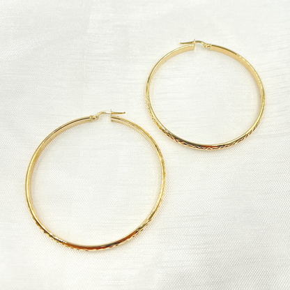 14K Solid Gold Hollow Diamond Cut Hoop