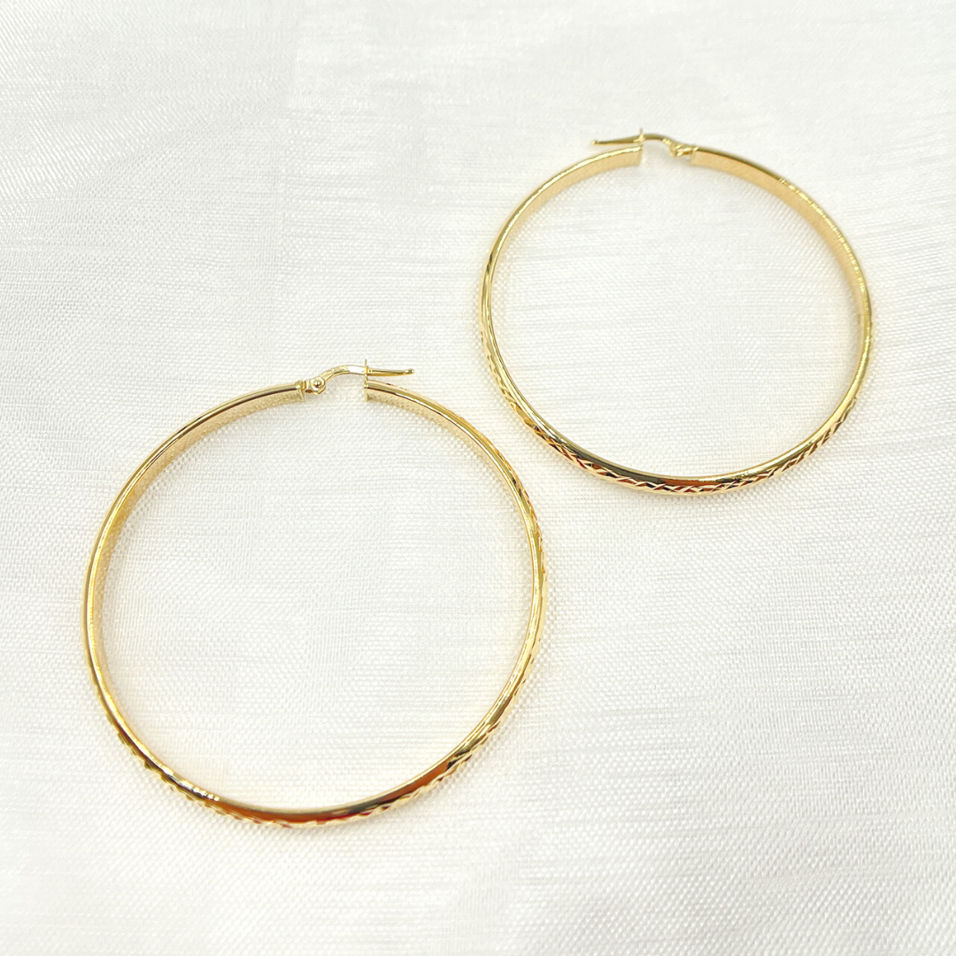 14K Solid Gold Hollow Diamond Cut Hoop