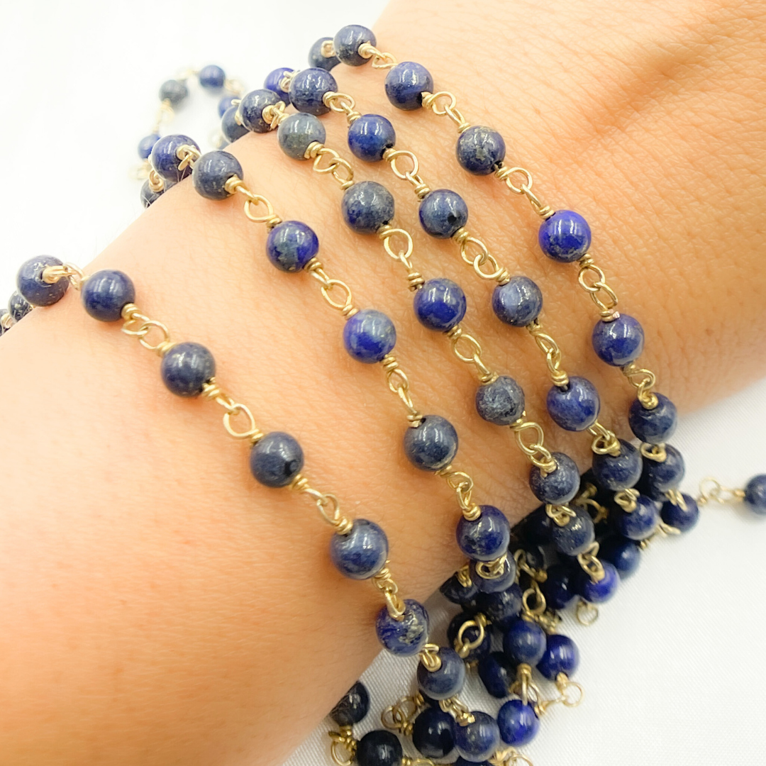Lapis Lazuli Round Shape Gold Plated Wire Chain