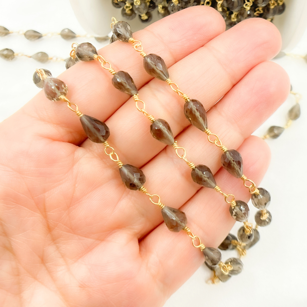 Smoky Quartz Tear Drop Shape Gold Plated Wire Chain.