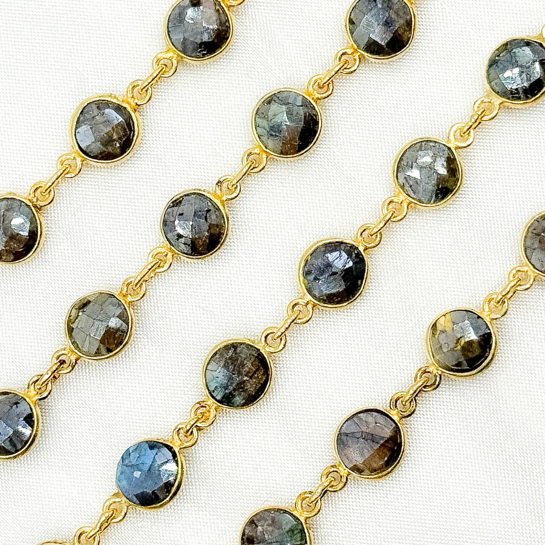 Coated Labradorite Round Shape Bezel Gold Plated Wire Chain
