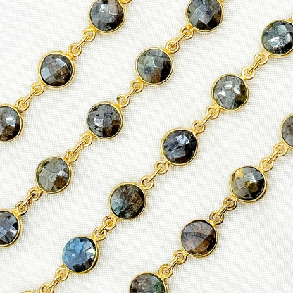 Coated Labradorite Round Shape Bezel Gold Plated Wire Chain