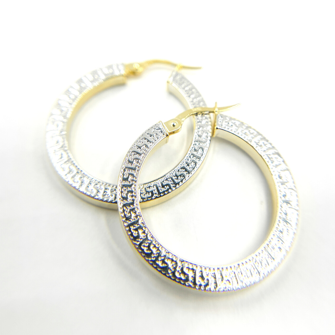 14K Solid Gold and White Gold Earrings Round Shape Hoop with Texture. 
