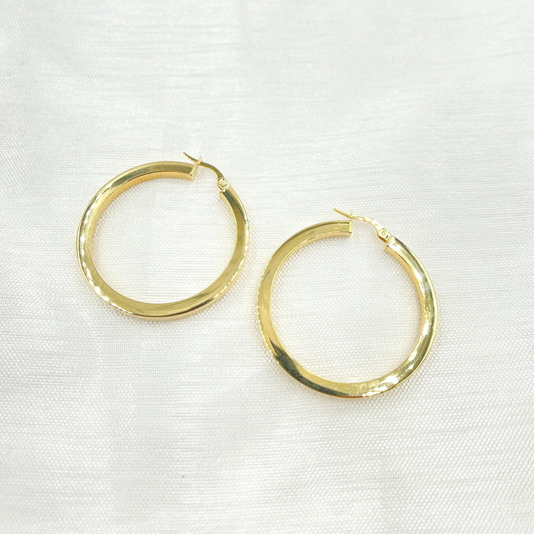 14K Solid Gold Hollow Flat Hoop