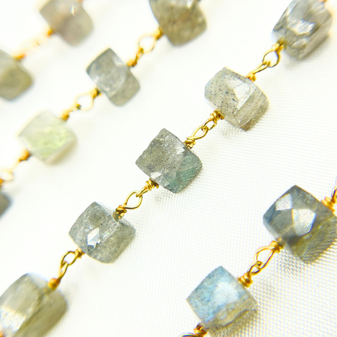 Labradorite Cube Shape Gold Plated Wire Chain