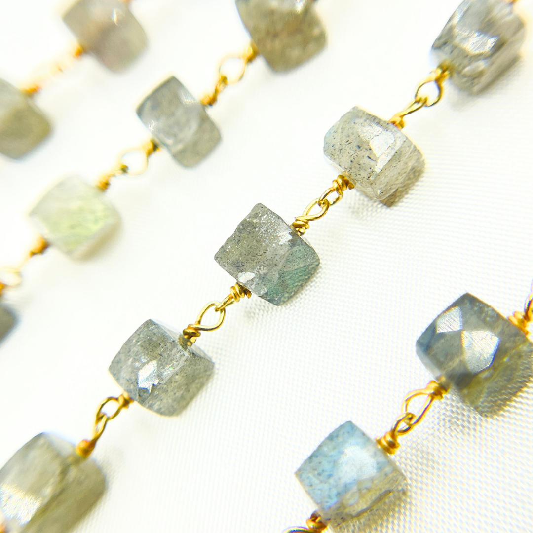 Labradorite Cube Shape Gold Plated Wire Chain. LAB76