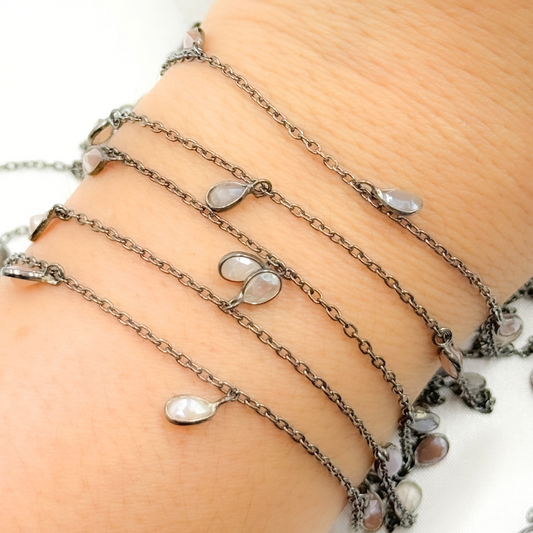 Coated Multi Moonstone Pear Shape Dangle Oxidized Wire Chain.