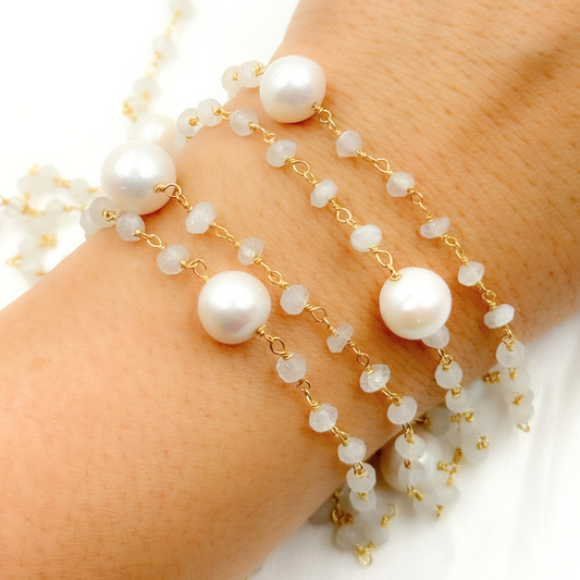 White Moonstone & Pearl Gold Plated 925 Sterling Silver Wire Chain